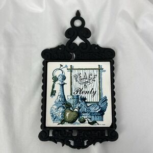 Vintage Cast Iron Black Trivet Ceramic God Bless Our House Peace Rooster Blue